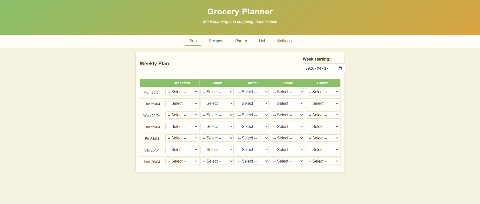Grocery planner application preview